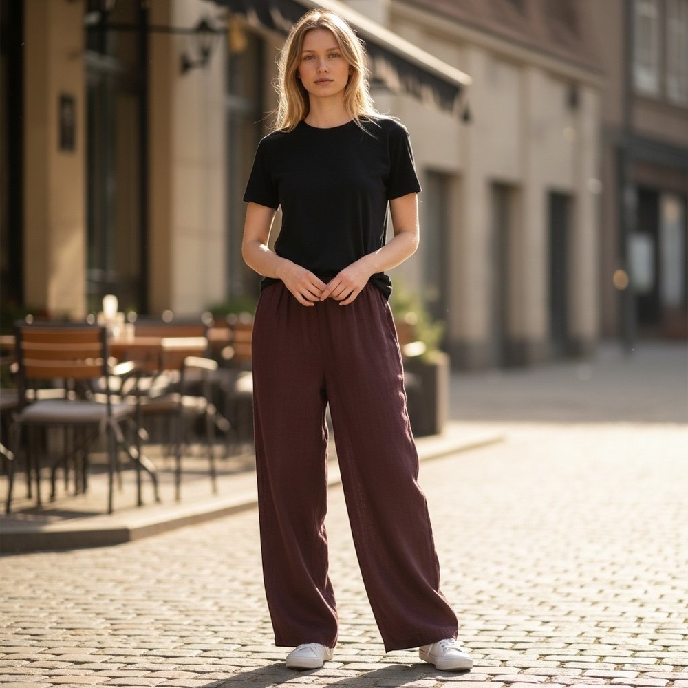 Madewell Maroon Easy Pull-On Pant in 100% Linen, Size Large, AG1.C1000